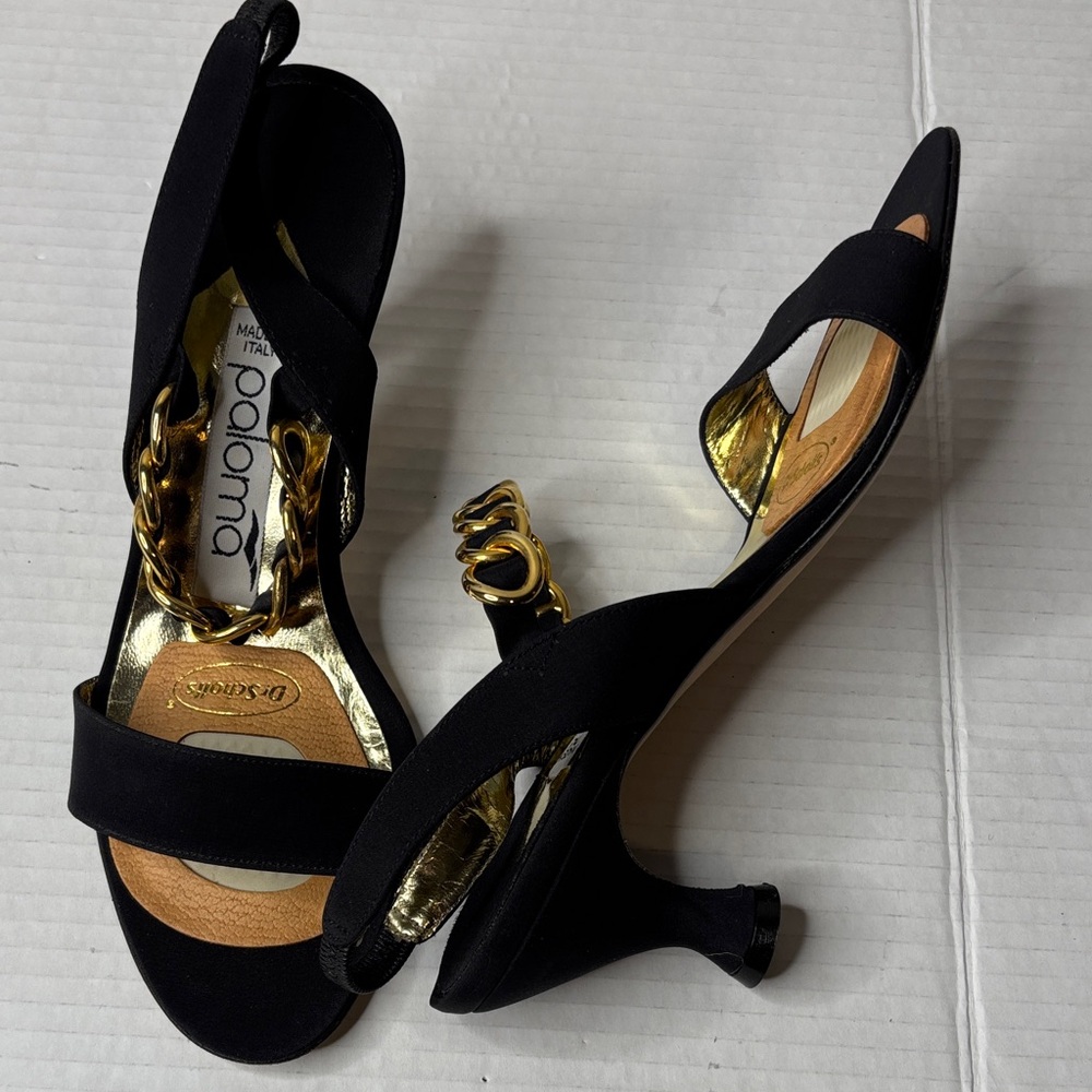 Vintage Paloma gold chain heeled sandals, black, 7.